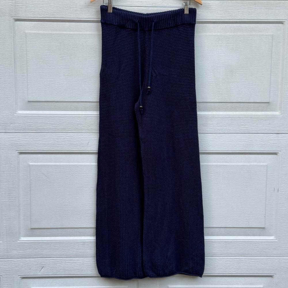 Onia Waffle Knit Pants Women Medium Navy Blue EUC Cotton Wide Leg Drawstring